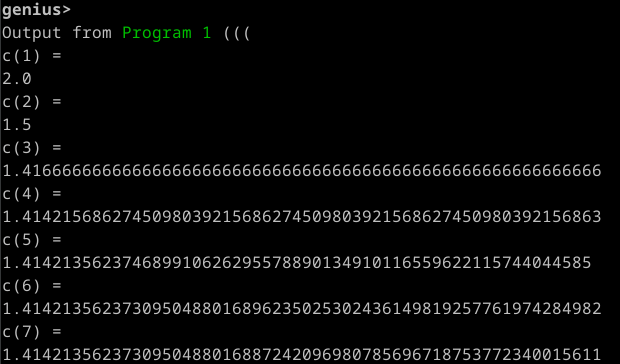 Repeated results of Newton's method for finding the square root of 2